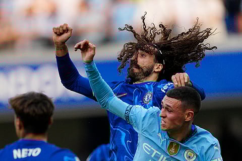 EPL 2024-25, Chelsea Vs Manchester City: Phil Foden, right, challenges for the ball with Marc Cucurella